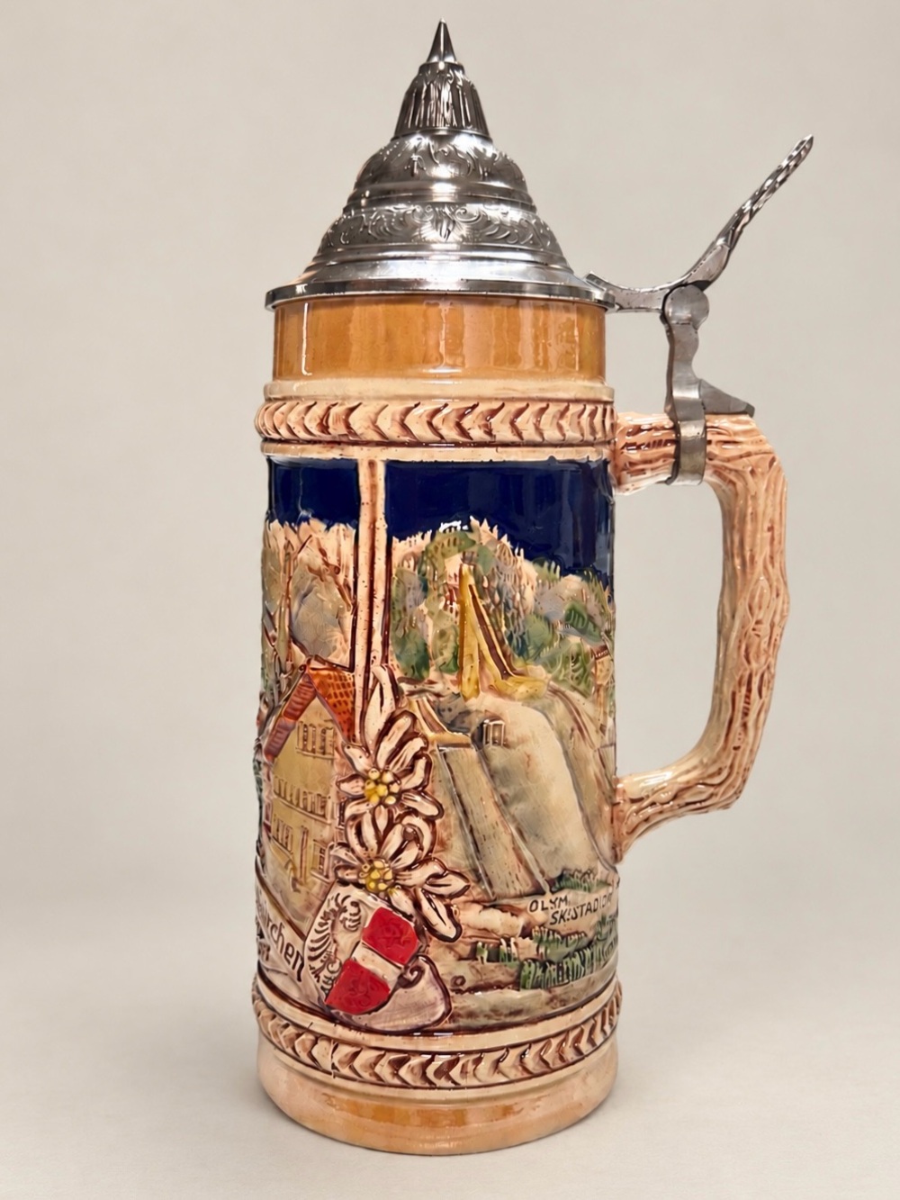 Vintage Gerz German Beer Stein Munich Landmarks Relief Pewter Lid Made